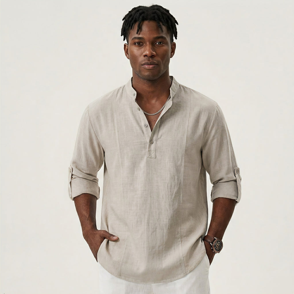Men's Mandarin Collar Linen Blend Shirt - Roll-Up Sleeves - Natural Oatmeal