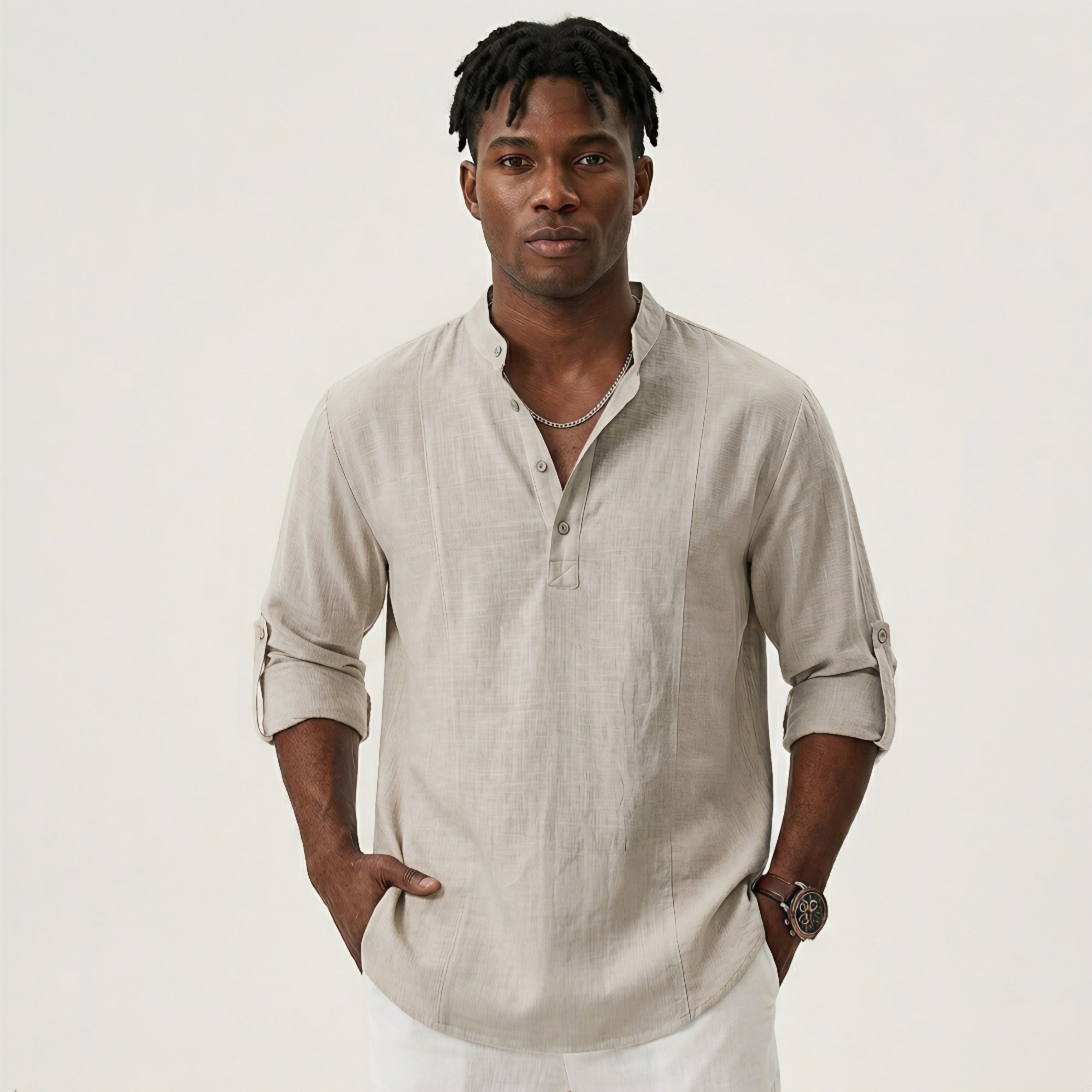Men's Mandarin Collar Linen Blend Shirt - Roll-Up Sleeves - Natural Oatmeal