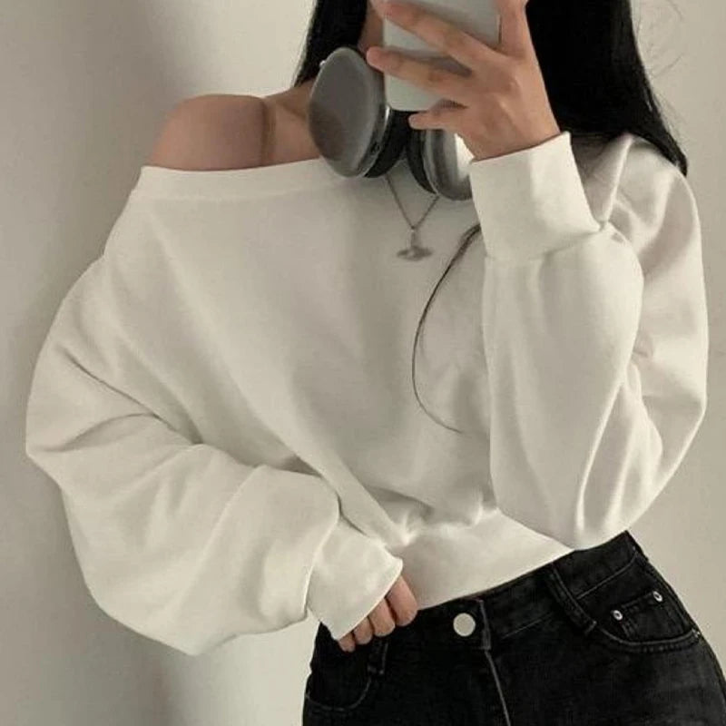 HustlerDior Streetwear Off-shoulder Long Sleeve Loose Casual Cropped Sweatshirt For Women