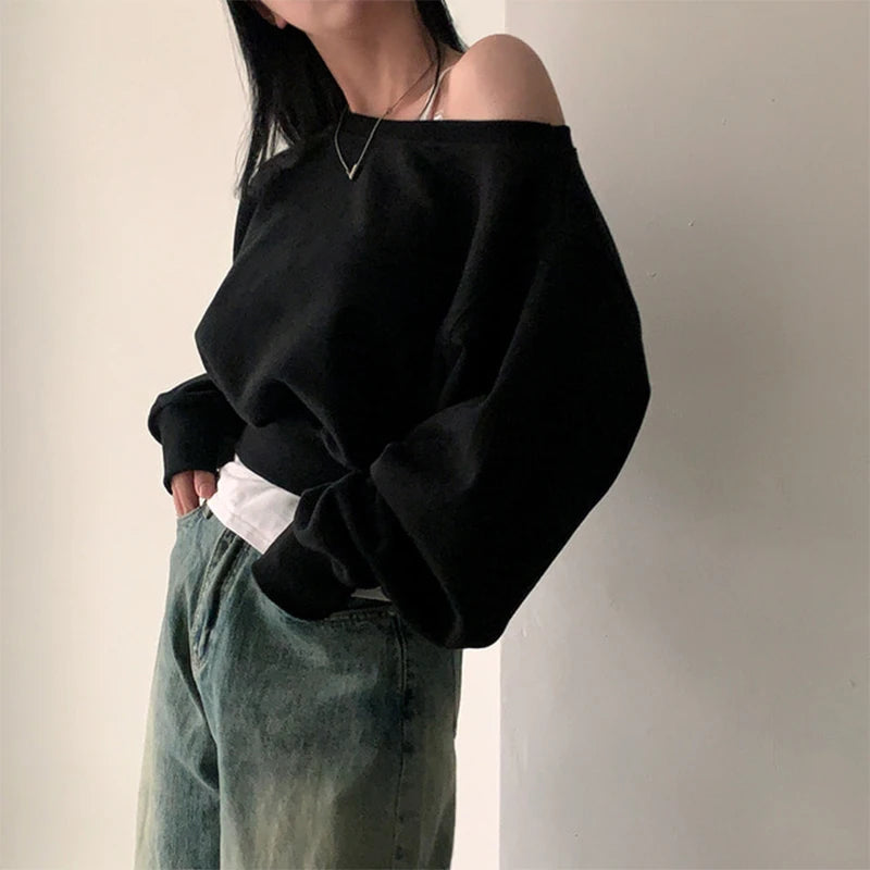 HustlerDior Streetwear Off-shoulder Long Sleeve Loose Casual Cropped Sweatshirt For Women