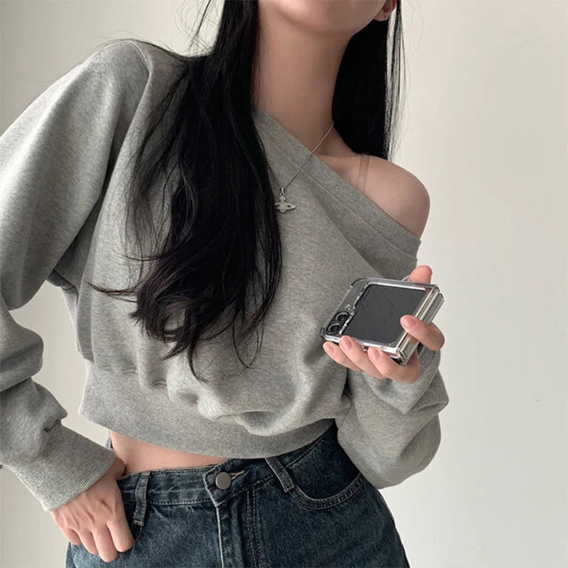 HustlerDior Streetwear Off-shoulder Long Sleeve Loose Casual Cropped Sweatshirt For Women