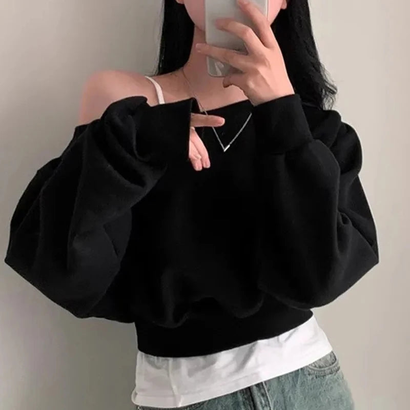 HustlerDior Streetwear Off-shoulder Long Sleeve Loose Casual Cropped Sweatshirt For Women