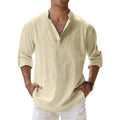 Men's Mandarin Collar Linen Blend Shirt - Roll-Up Sleeves - Natural Oatmeal