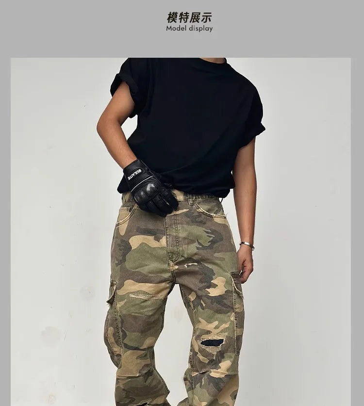 American HUSTLERDIOR Street Style Washed Camouflage Workwear Jeans Hole Straight Leg Spring Autumn Casual Cotton Trendy Long Pants