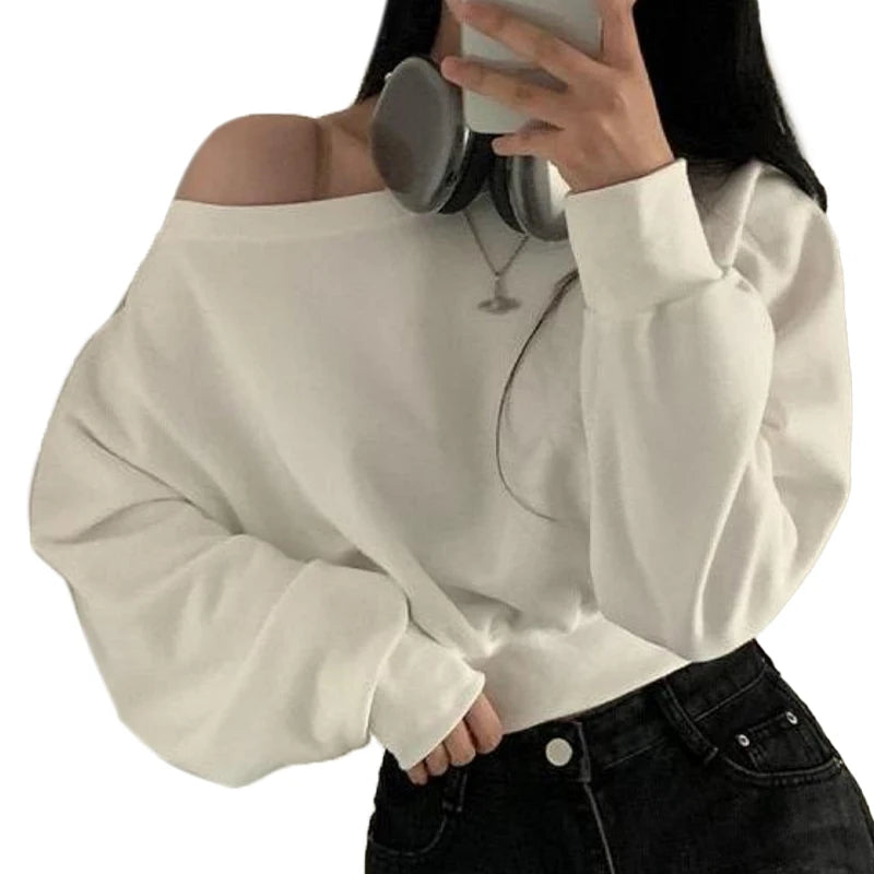 HustlerDior Streetwear Off-shoulder Long Sleeve Loose Casual Cropped Sweatshirt For Women