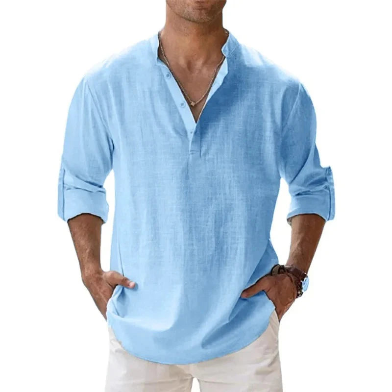 Men's Mandarin Collar Linen Blend Shirt - Roll-Up Sleeves - Natural Oatmeal