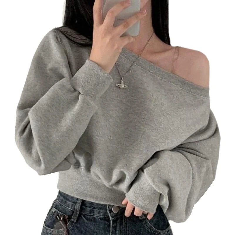 HustlerDior Streetwear Off-shoulder Long Sleeve Loose Casual Cropped Sweatshirt For Women