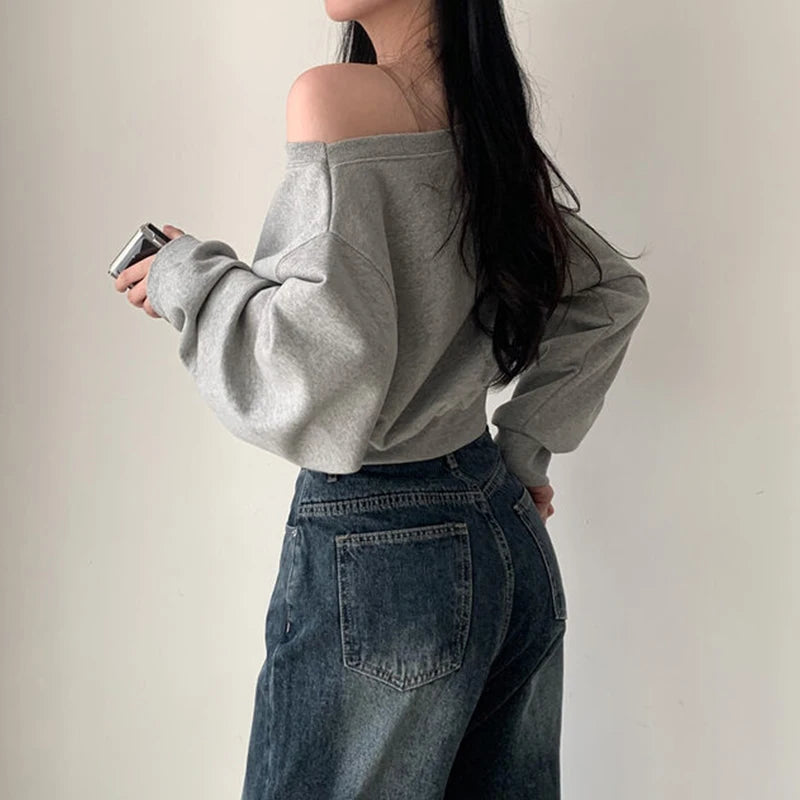 HustlerDior Streetwear Off-shoulder Long Sleeve Loose Casual Cropped Sweatshirt For Women