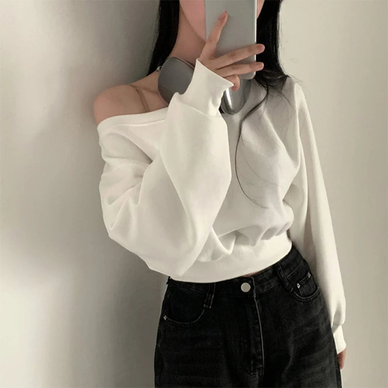 HustlerDior Streetwear Off-shoulder Long Sleeve Loose Casual Cropped Sweatshirt For Women