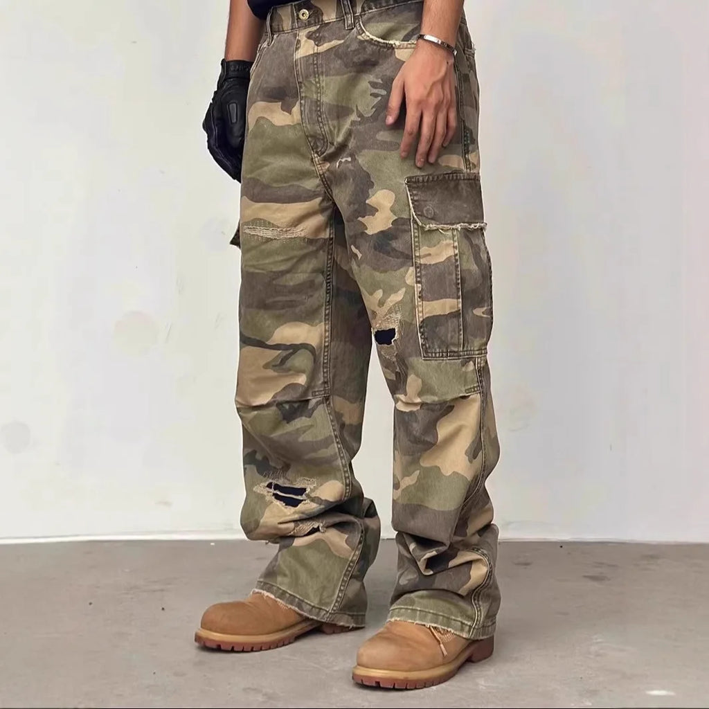 American HUSTLERDIOR Street Style Washed Camouflage Workwear Jeans Hole Straight Leg Spring Autumn Casual Cotton Trendy Long Pants