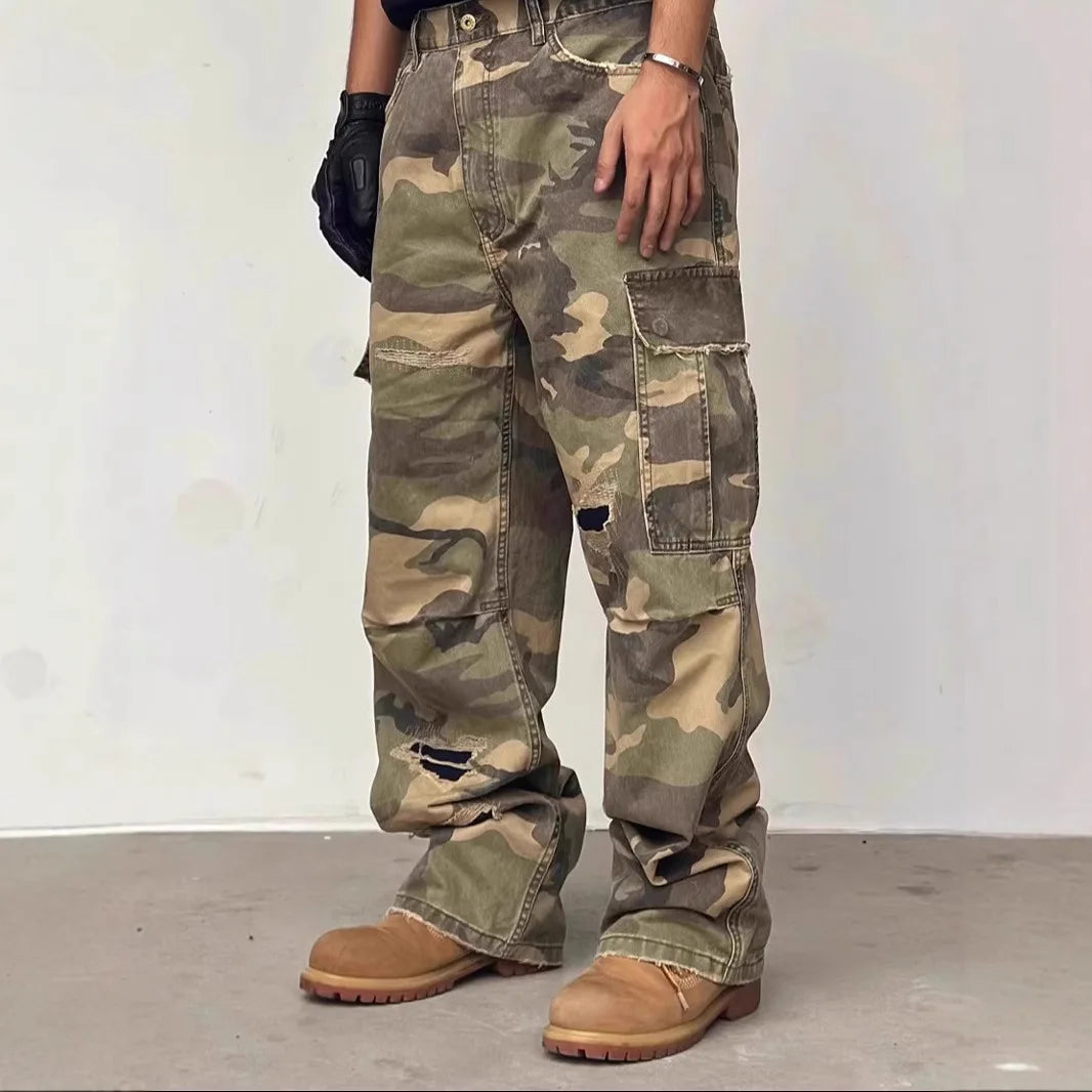 American HUSTLERDIOR Street Style Washed Camouflage Workwear Jeans Hole Straight Leg Spring Autumn Casual Cotton Trendy Long Pants