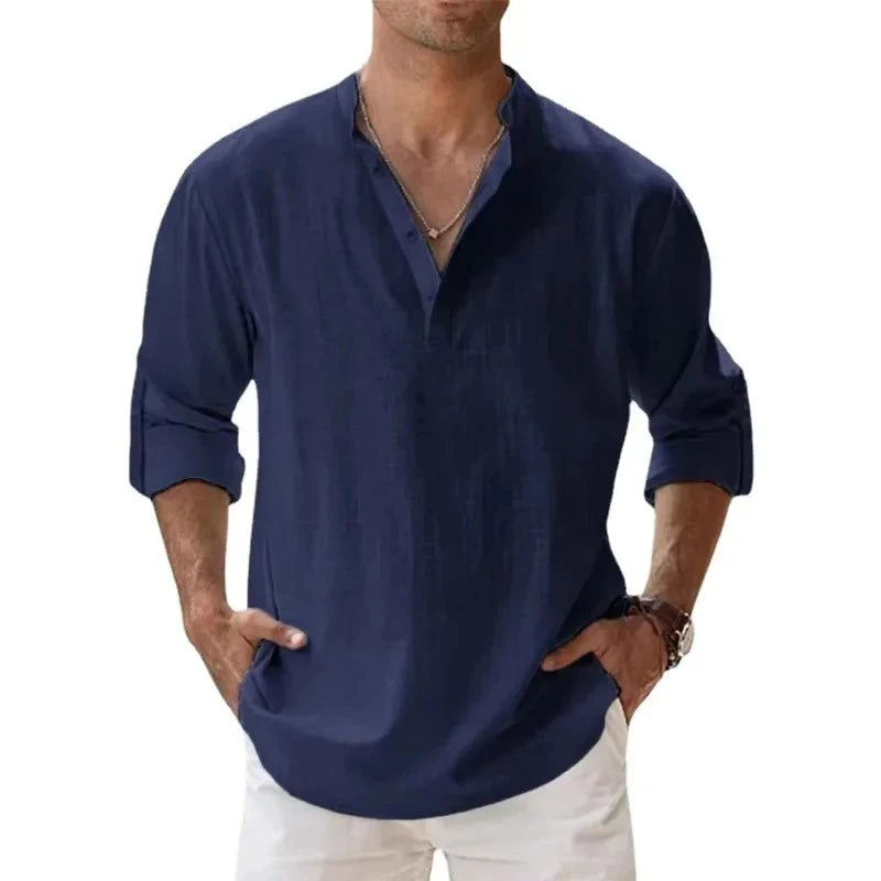 Men's Mandarin Collar Linen Blend Shirt - Roll-Up Sleeves - Natural Oatmeal