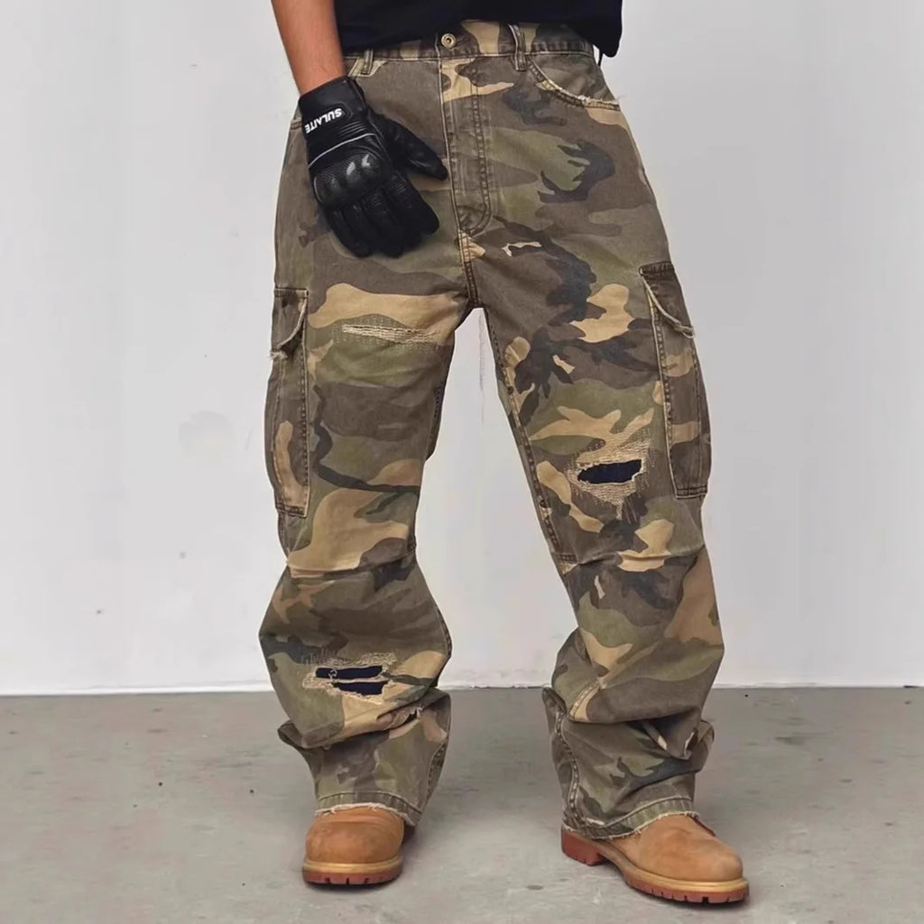 American HUSTLERDIOR Street Style Washed Camouflage Workwear Jeans Hole Straight Leg Spring Autumn Casual Cotton Trendy Long Pants