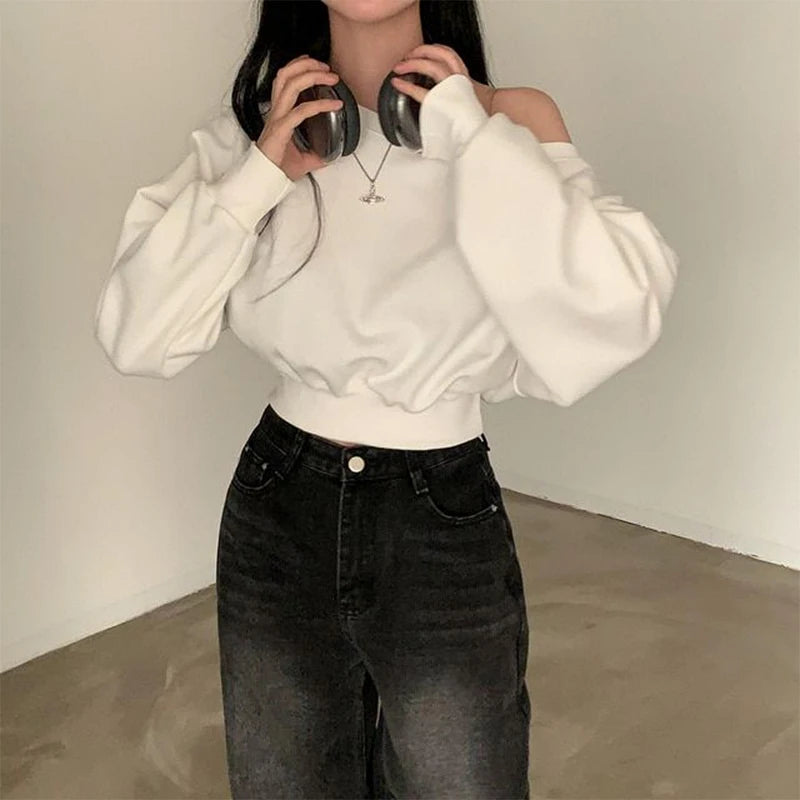 HustlerDior Streetwear Off-shoulder Long Sleeve Loose Casual Cropped Sweatshirt For Women