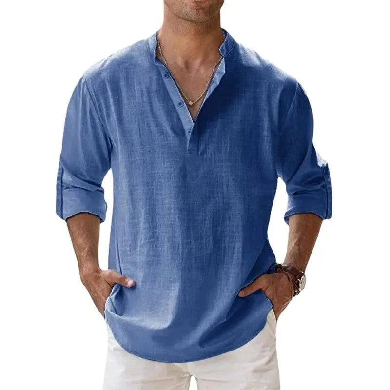 Men's Mandarin Collar Linen Blend Shirt - Roll-Up Sleeves - Natural Oatmeal