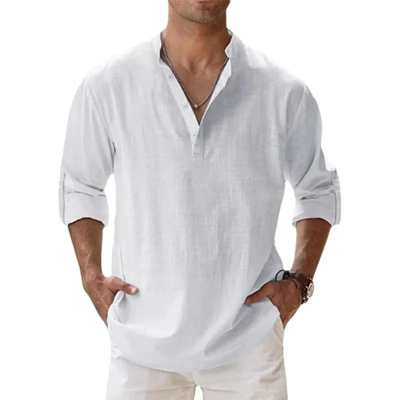 Men's Mandarin Collar Linen Blend Shirt - Roll-Up Sleeves - Natural Oatmeal