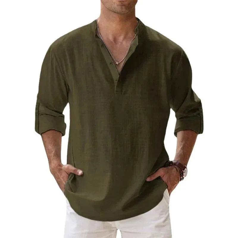 Men's Mandarin Collar Linen Blend Shirt - Roll-Up Sleeves - Natural Oatmeal