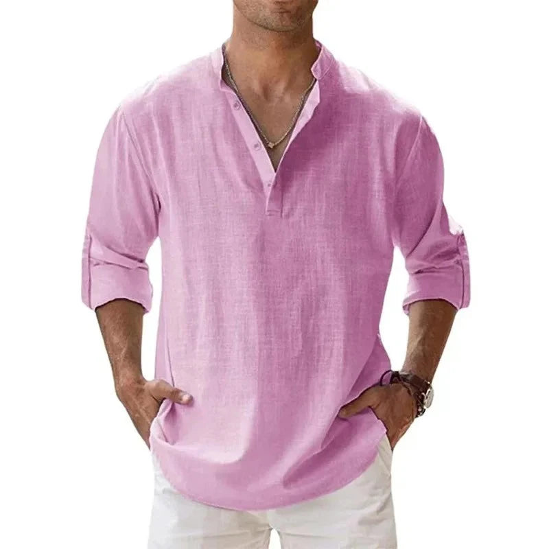 Men's Mandarin Collar Linen Blend Shirt - Roll-Up Sleeves - Natural Oatmeal