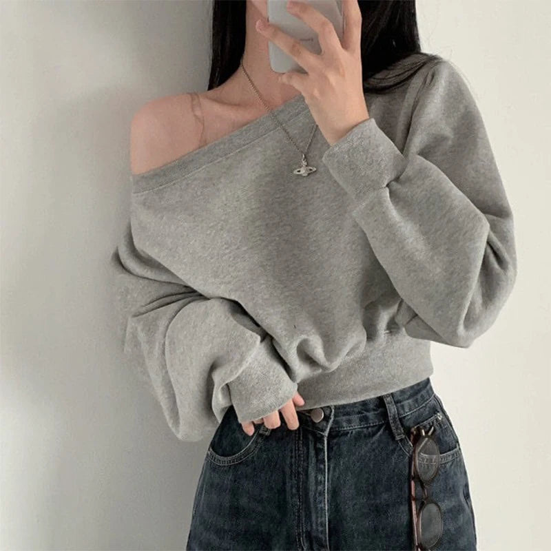 HustlerDior Streetwear Off-shoulder Long Sleeve Loose Casual Cropped Sweatshirt For Women