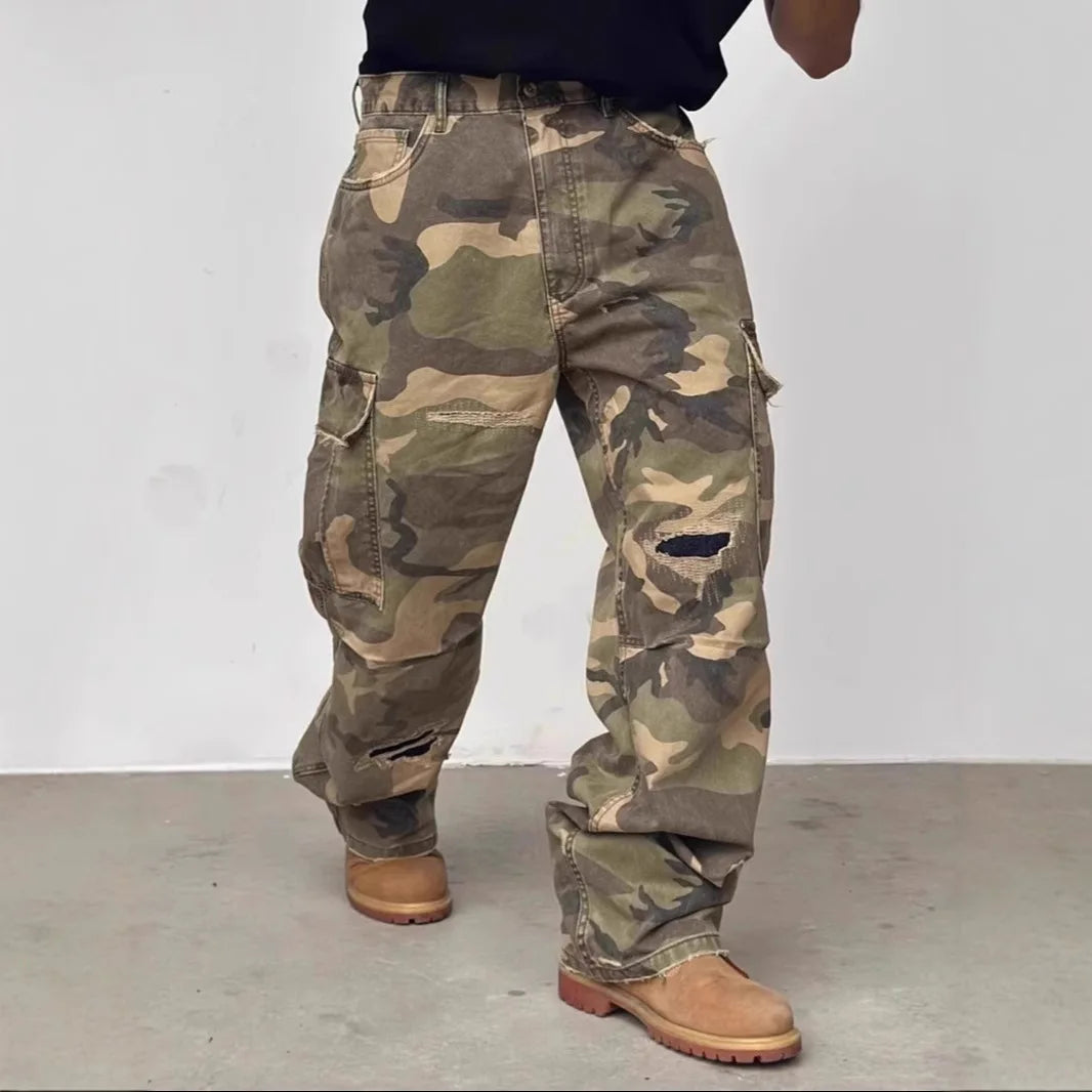 American HUSTLERDIOR Street Style Washed Camouflage Workwear Jeans Hole Straight Leg Spring Autumn Casual Cotton Trendy Long Pants