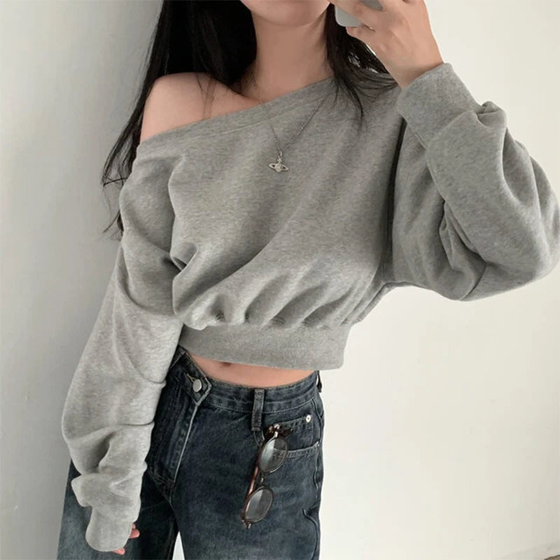 HustlerDior Streetwear Off-shoulder Long Sleeve Loose Casual Cropped Sweatshirt For Women