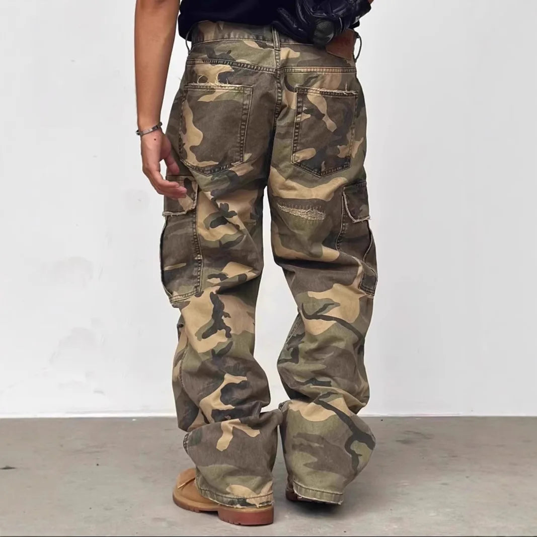 American HUSTLERDIOR Street Style Washed Camouflage Workwear Jeans Hole Straight Leg Spring Autumn Casual Cotton Trendy Long Pants