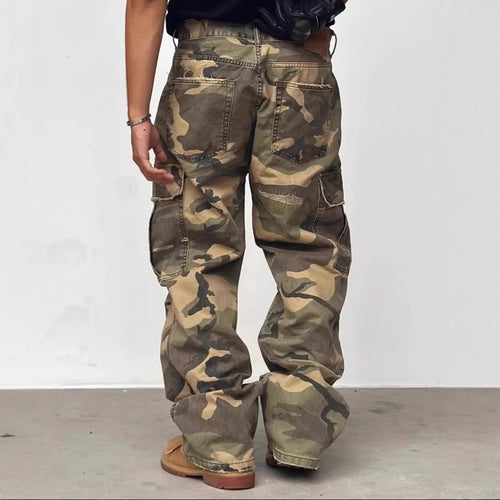 American HUSTLERDIOR Street Style Washed Camouflage Workwear Jeans Hole Straight Leg Spring Autumn Casual Cotton Trendy Long Pants