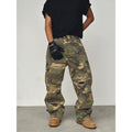 American HUSTLERDIOR Street Style Washed Camouflage Workwear Jeans Hole Straight Leg Spring Autumn Casual Cotton Trendy Long Pants