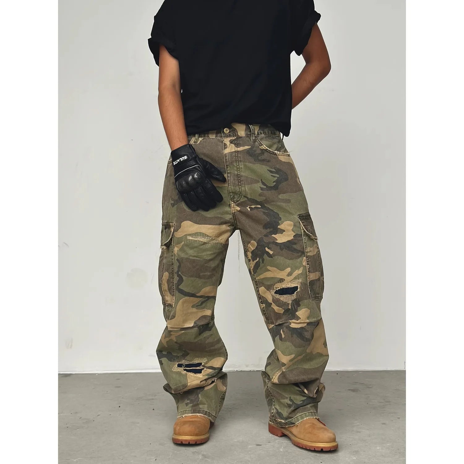 American HUSTLERDIOR Street Style Washed Camouflage Workwear Jeans Hole Straight Leg Spring Autumn Casual Cotton Trendy Long Pants