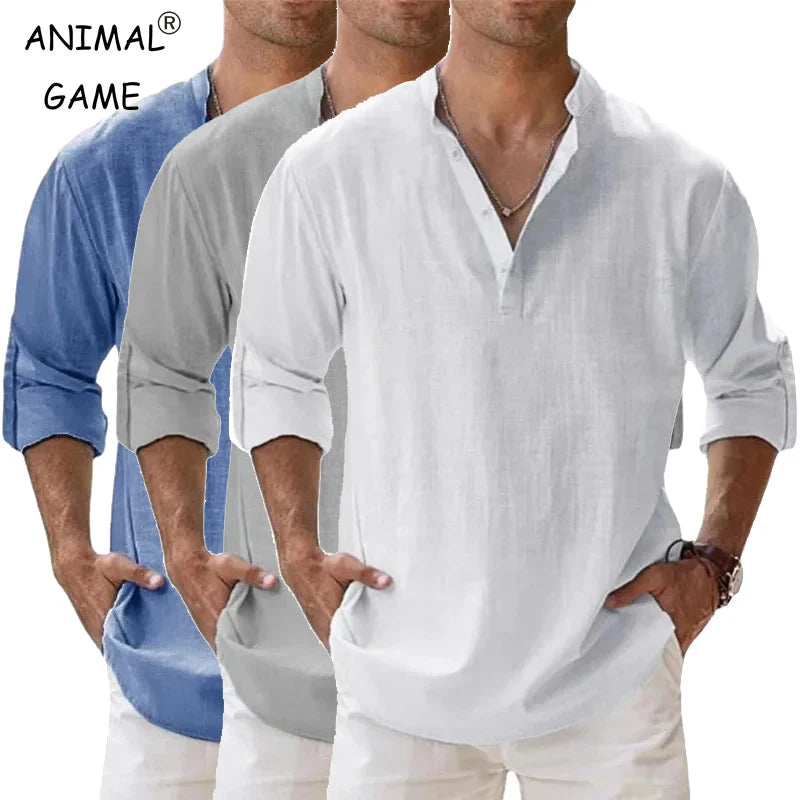 Men's Mandarin Collar Linen Blend Shirt - Roll-Up Sleeves - Natural Oatmeal