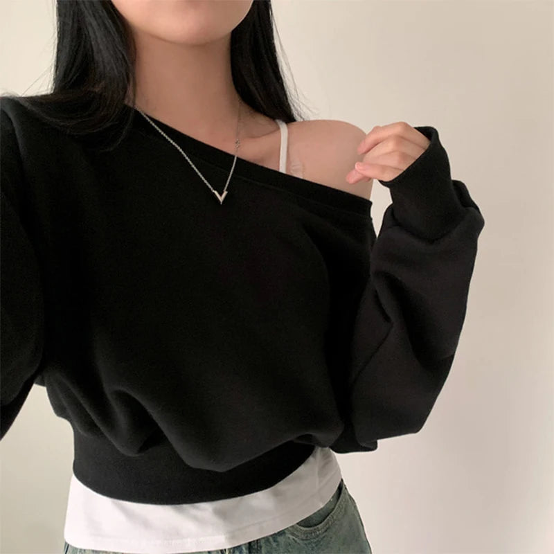 HustlerDior Streetwear Off-shoulder Long Sleeve Loose Casual Cropped Sweatshirt For Women