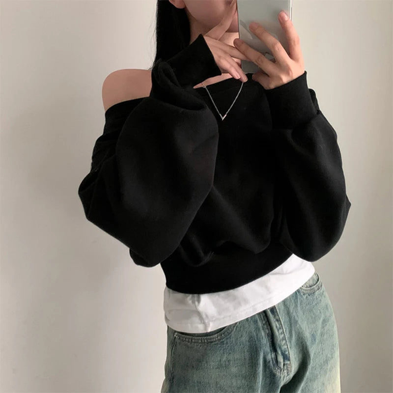 HustlerDior Streetwear Off-shoulder Long Sleeve Loose Casual Cropped Sweatshirt For Women