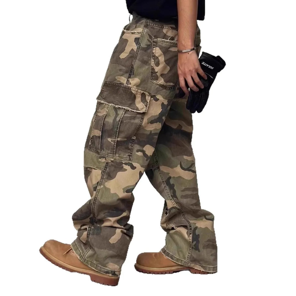 American HUSTLERDIOR Street Style Washed Camouflage Workwear Jeans Hole Straight Leg Spring Autumn Casual Cotton Trendy Long Pants