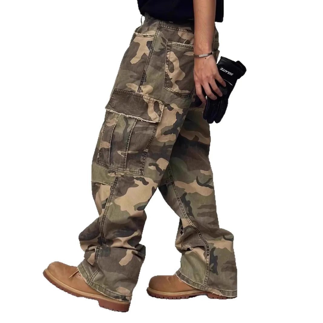 American HUSTLERDIOR Street Style Washed Camouflage Workwear Jeans Hole Straight Leg Spring Autumn Casual Cotton Trendy Long Pants