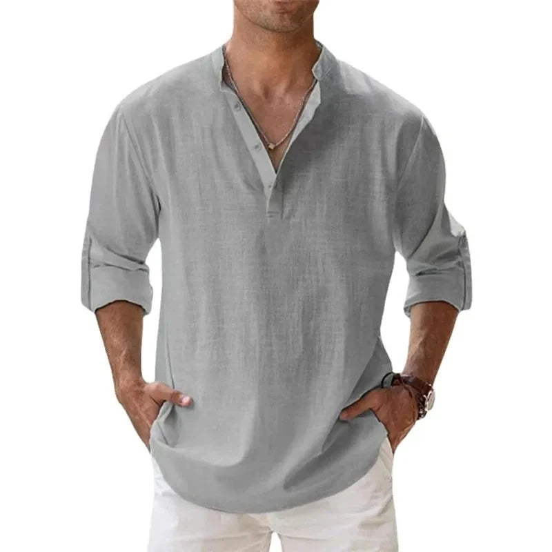 Men's Mandarin Collar Linen Blend Shirt - Roll-Up Sleeves - Natural Oatmeal