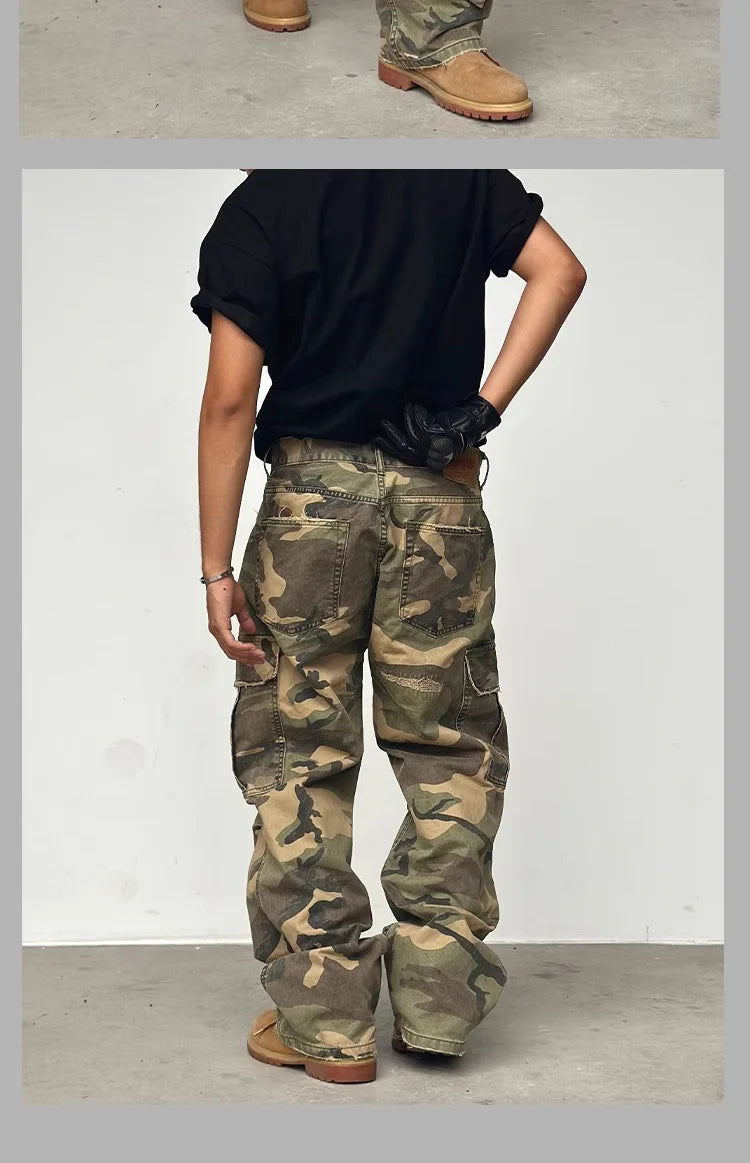 American HUSTLERDIOR Street Style Washed Camouflage Workwear Jeans Hole Straight Leg Spring Autumn Casual Cotton Trendy Long Pants