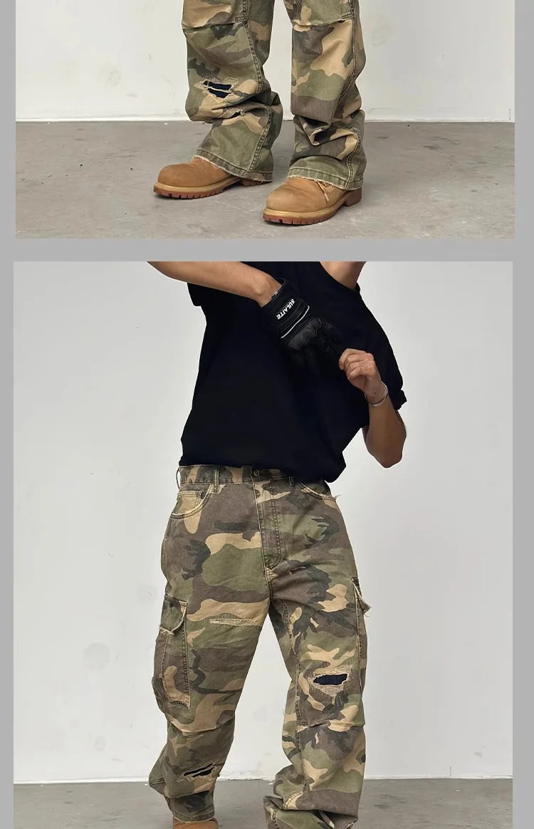 American HUSTLERDIOR Street Style Washed Camouflage Workwear Jeans Hole Straight Leg Spring Autumn Casual Cotton Trendy Long Pants