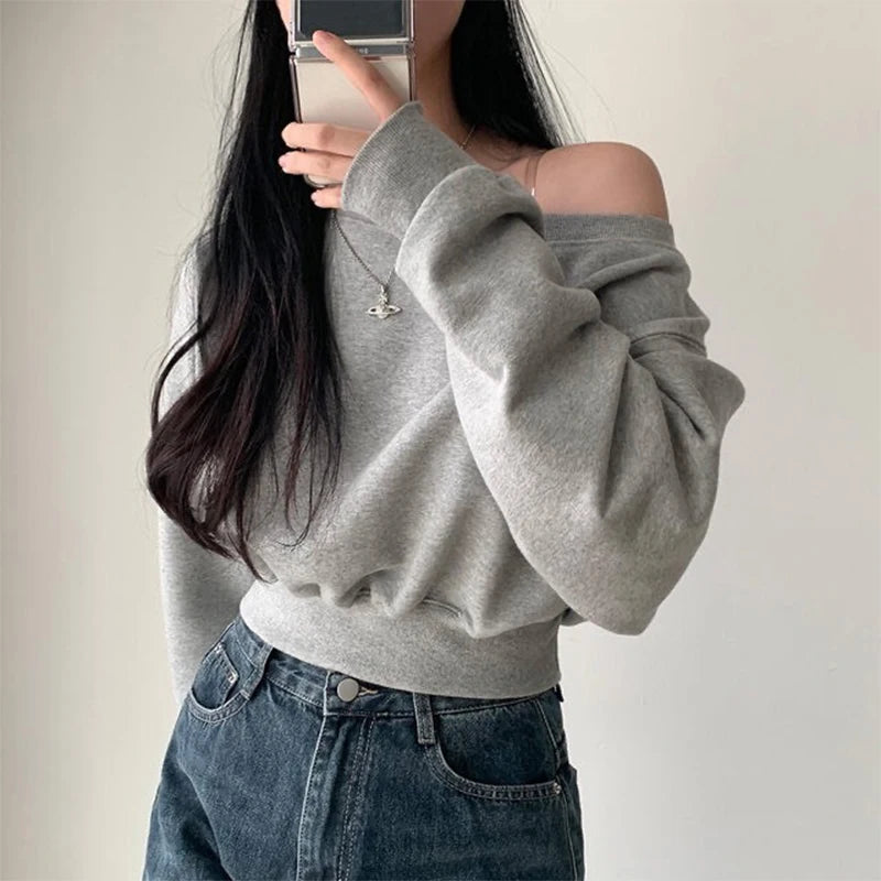 HustlerDior Streetwear Off-shoulder Long Sleeve Loose Casual Cropped Sweatshirt For Women