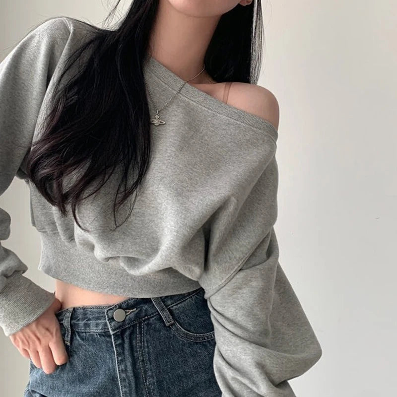 HustlerDior Streetwear Off-shoulder Long Sleeve Loose Casual Cropped Sweatshirt For Women