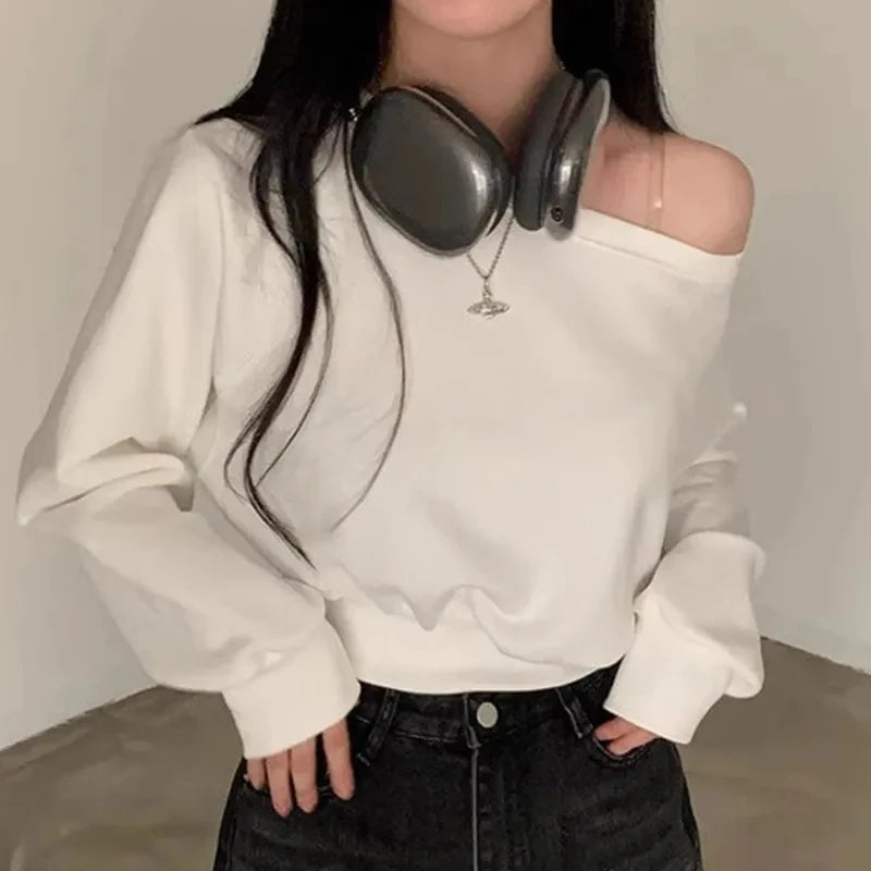HustlerDior Streetwear Off-shoulder Long Sleeve Loose Casual Cropped Sweatshirt For Women