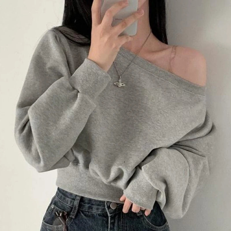 HustlerDior Streetwear Off-shoulder Long Sleeve Loose Casual Cropped Sweatshirt For Women
