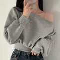 HustlerDior Streetwear Off-shoulder Long Sleeve Loose Casual Cropped Sweatshirt For Women
