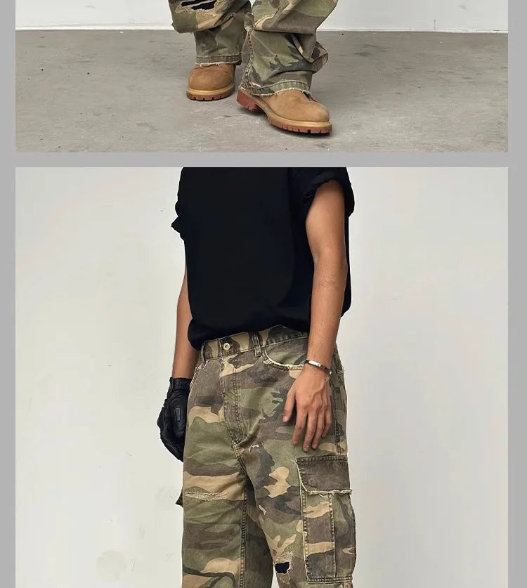 American HUSTLERDIOR Street Style Washed Camouflage Workwear Jeans Hole Straight Leg Spring Autumn Casual Cotton Trendy Long Pants