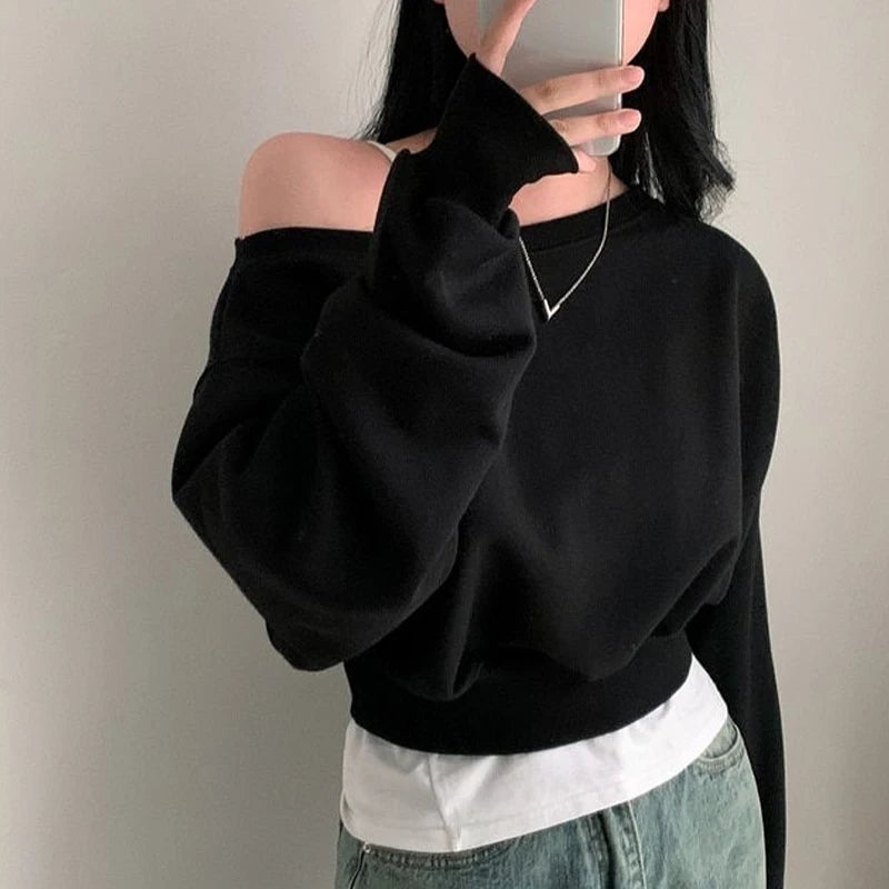 HustlerDior Streetwear Off-shoulder Long Sleeve Loose Casual Cropped Sweatshirt For Women