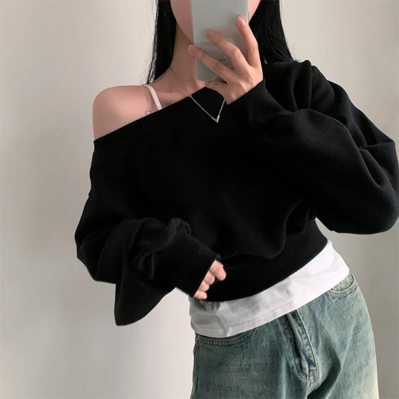 HustlerDior Streetwear Off-shoulder Long Sleeve Loose Casual Cropped Sweatshirt For Women