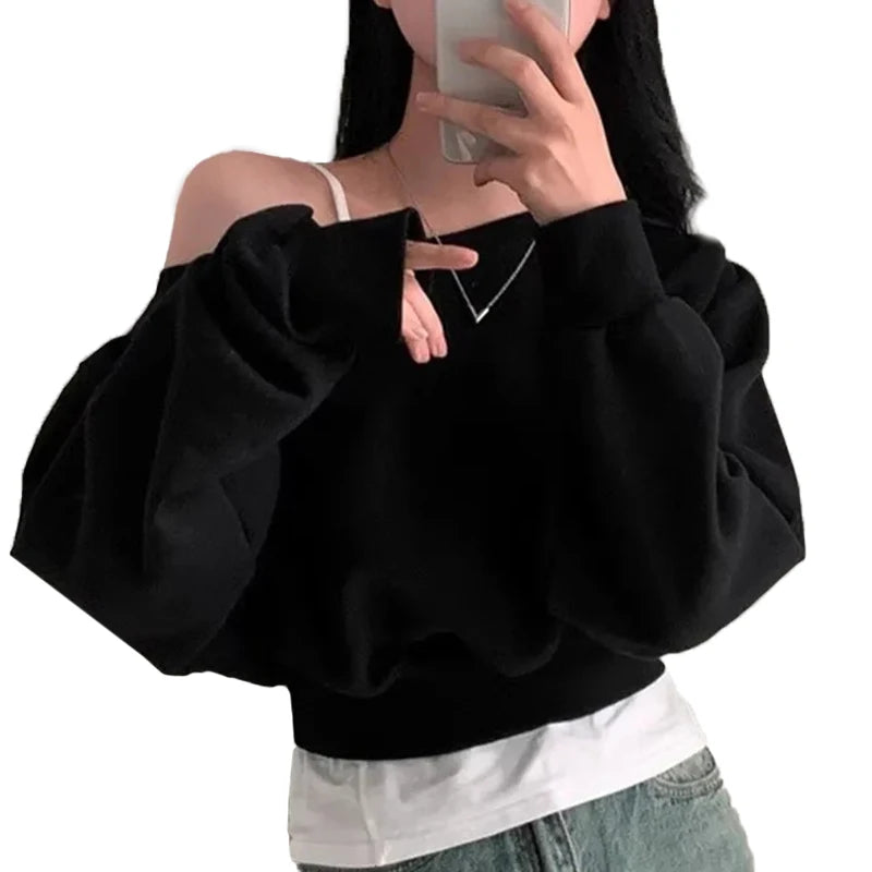 HustlerDior Streetwear Off-shoulder Long Sleeve Loose Casual Cropped Sweatshirt For Women