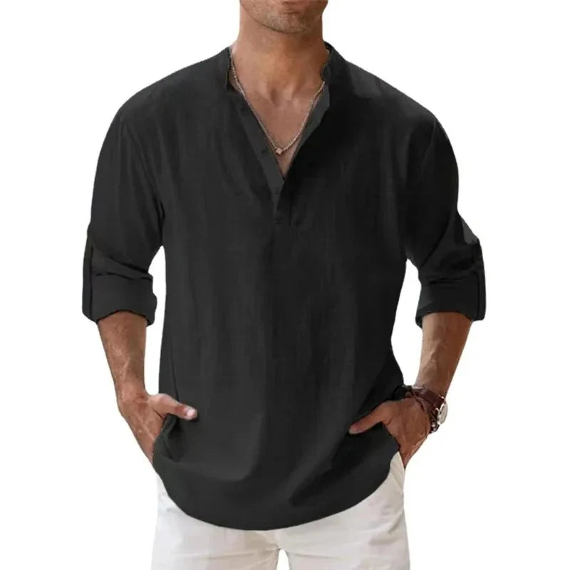 Men's Mandarin Collar Linen Blend Shirt - Roll-Up Sleeves - Natural Oatmeal